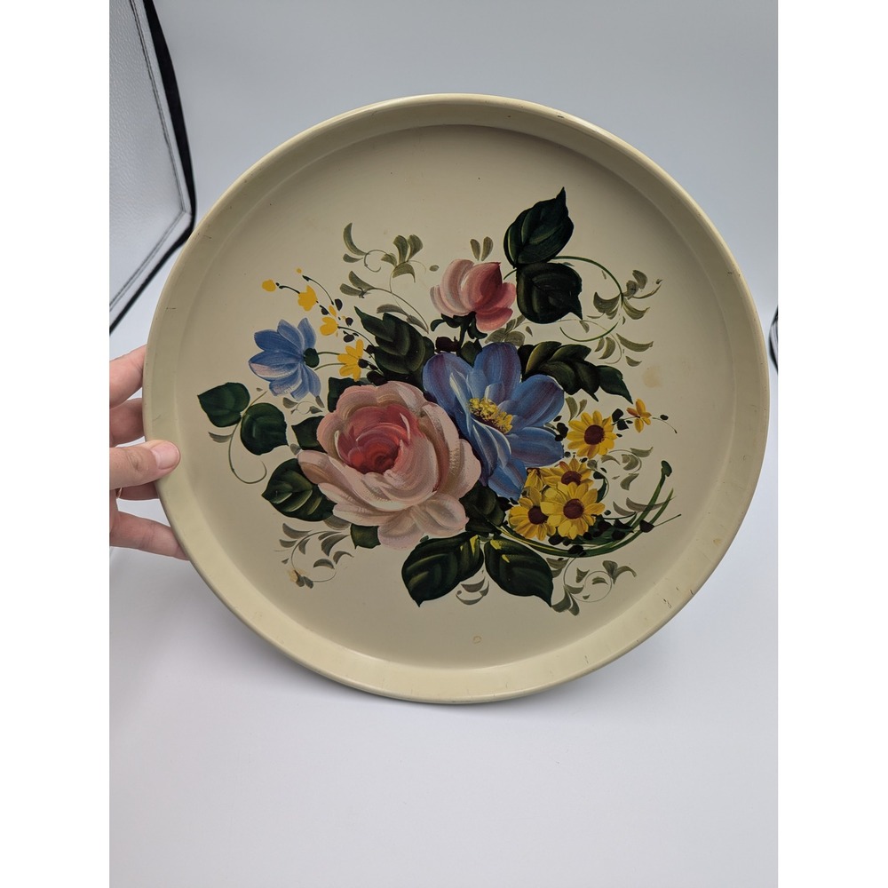 Vintage Serving Tray Cream Metal Floral Bouquet Print 13 Inch Cottagecore